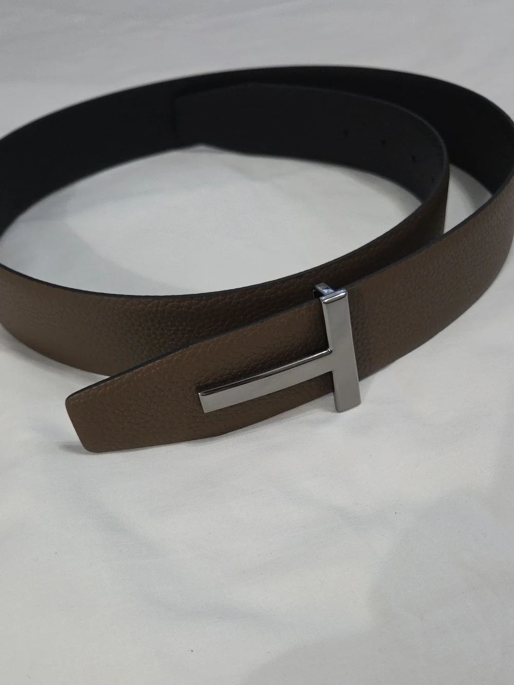 Tom Ford Black & Brown Leather Belt with Black Chrome T Accent